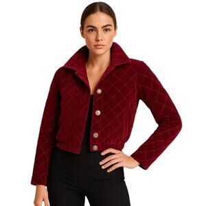 Vintage Size M Cropped Quilted Velvet Jacket Wine Red Fall Holiday 
Funnel Neck